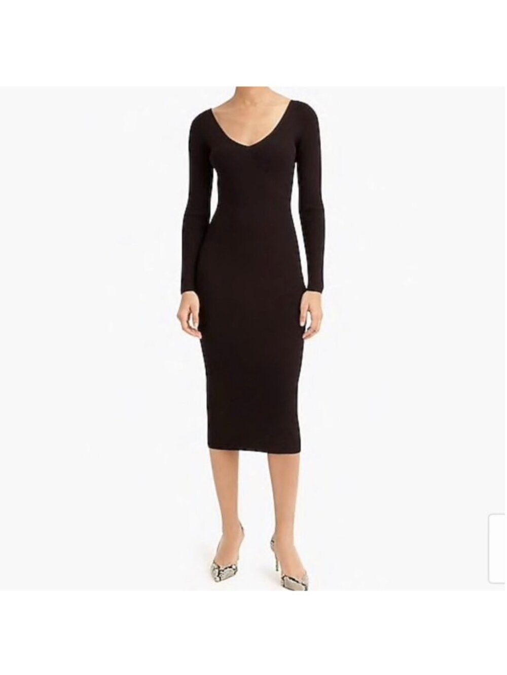 J. Crew Collection Black Stretch Ribbed Knit V-Neck Long Sleeve Midi Dress L